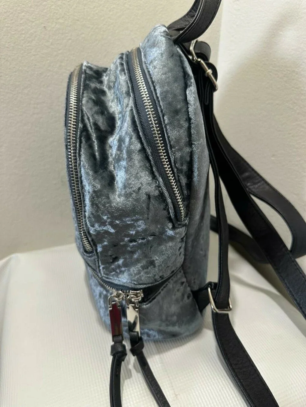 Fashionable Velvet Star Mini Backpack Grey Faux Leather Trim